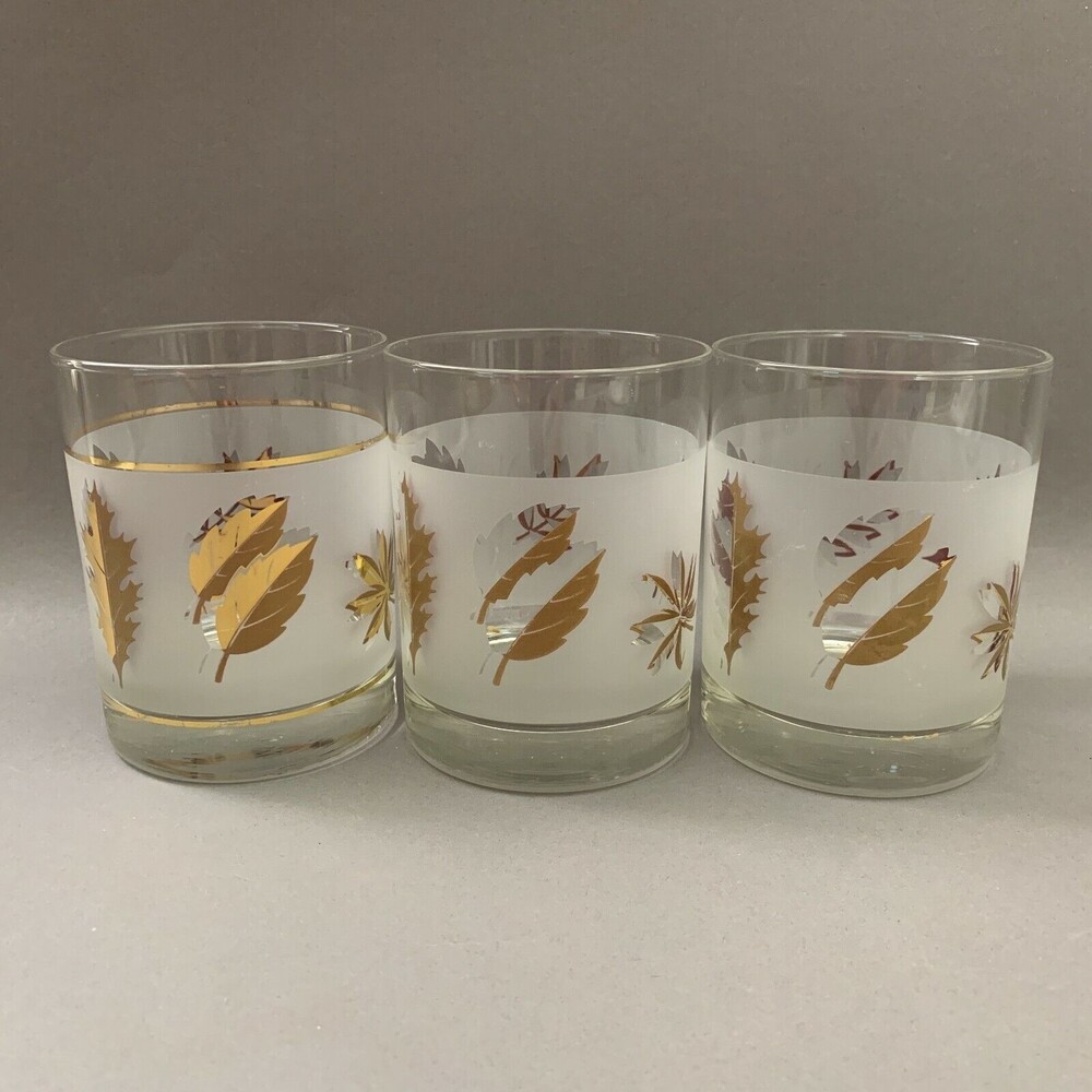 Libbey‎ Double Old Fashioned Frost Gold Leaves Glasses 4 1/8" High Lot of 3